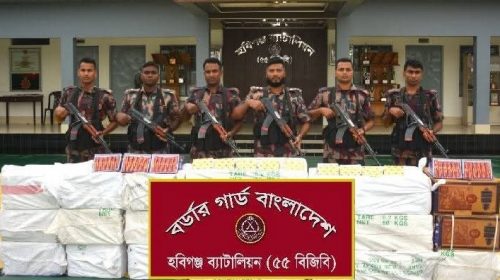 ‎হবিগঞ্জে বিজিবির অভিযানে ২ কোটি ৪০ লাখ টাকার অবৈধ পণ্য জব্দ